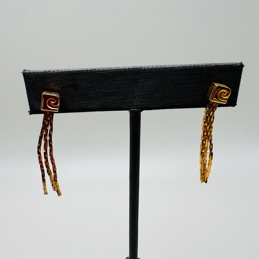 Gold Tone‎ Spiral Square Post Earrings with Multi Chain Tassel Dangle Drops